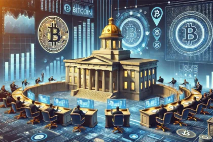 North Carolina state capitol with Bitcoin and cryptocurrency symbols integrated into the ar