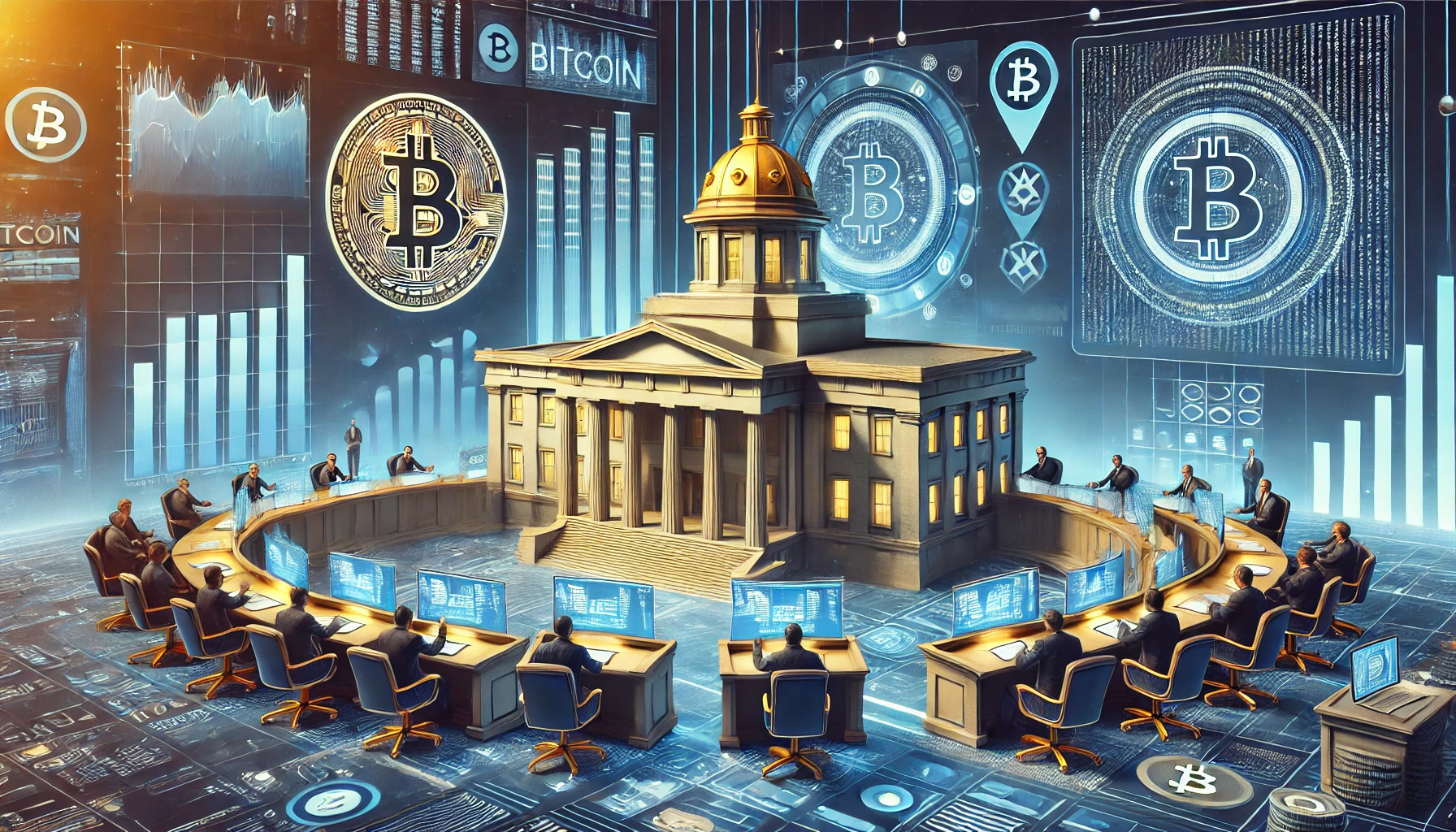 North Carolina state capitol with Bitcoin and cryptocurrency symbols integrated into the ar