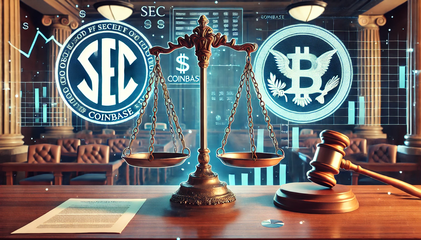 SEC and Coinbase. The image features a balance scale with the SEC logo on one side