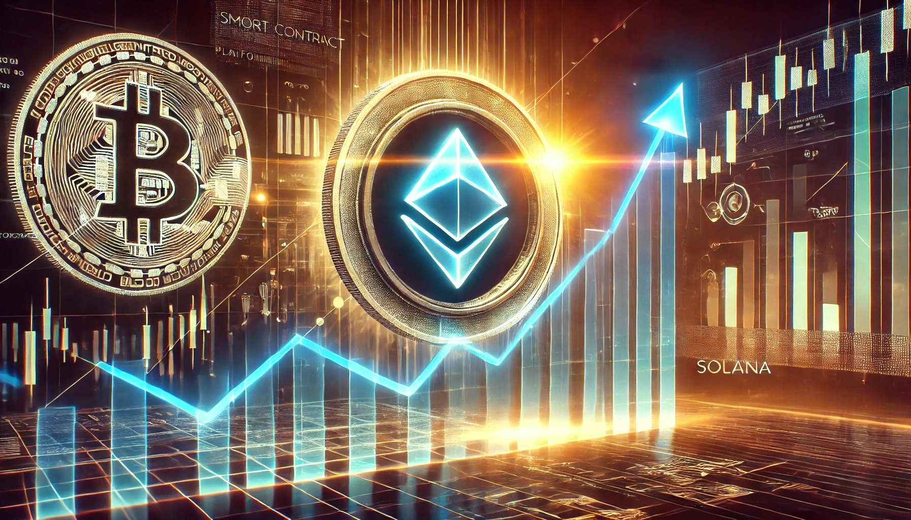 Solana SOL reaching new price highs. The image features a glowing Solana logo with a financial chart showing an