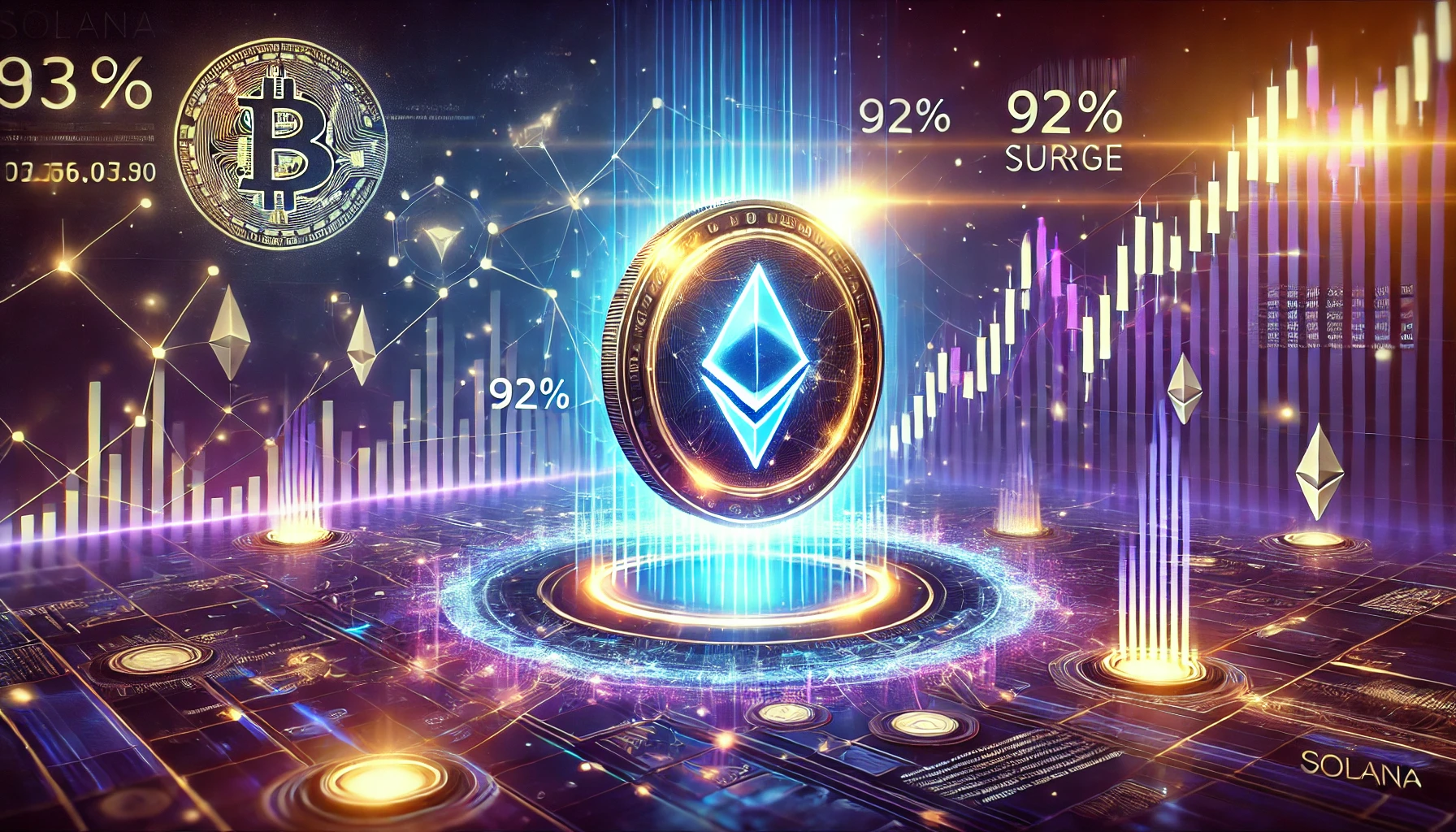 Solana SOL with a glowing price chart indicating a 92 surge potential. The image includes a digital m