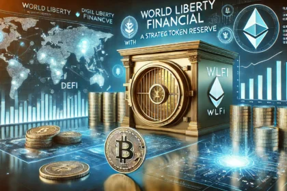 World Liberty Financial WLFI with a strategic token reserve. The image includes digital assets like Bitcoin a