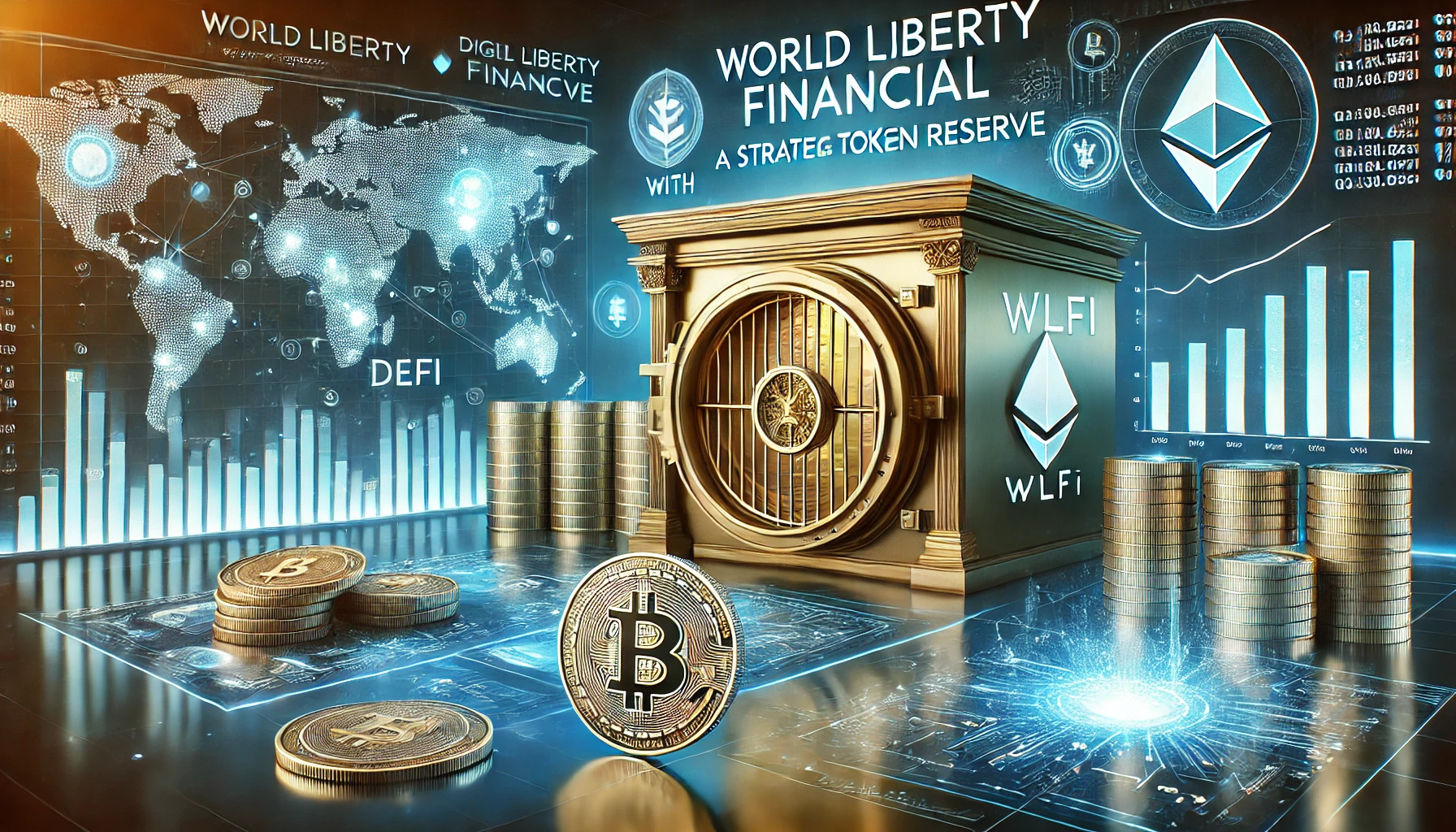 World Liberty Financial WLFI with a strategic token reserve. The image includes digital assets like Bitcoin a