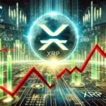 XRP cryptocurrency experiencing price volatility. The image features a futuristic financial chart with red downward trends a