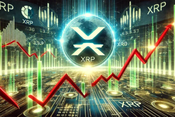 XRP cryptocurrency experiencing price volatility. The image features a futuristic financial chart with red downward trends a