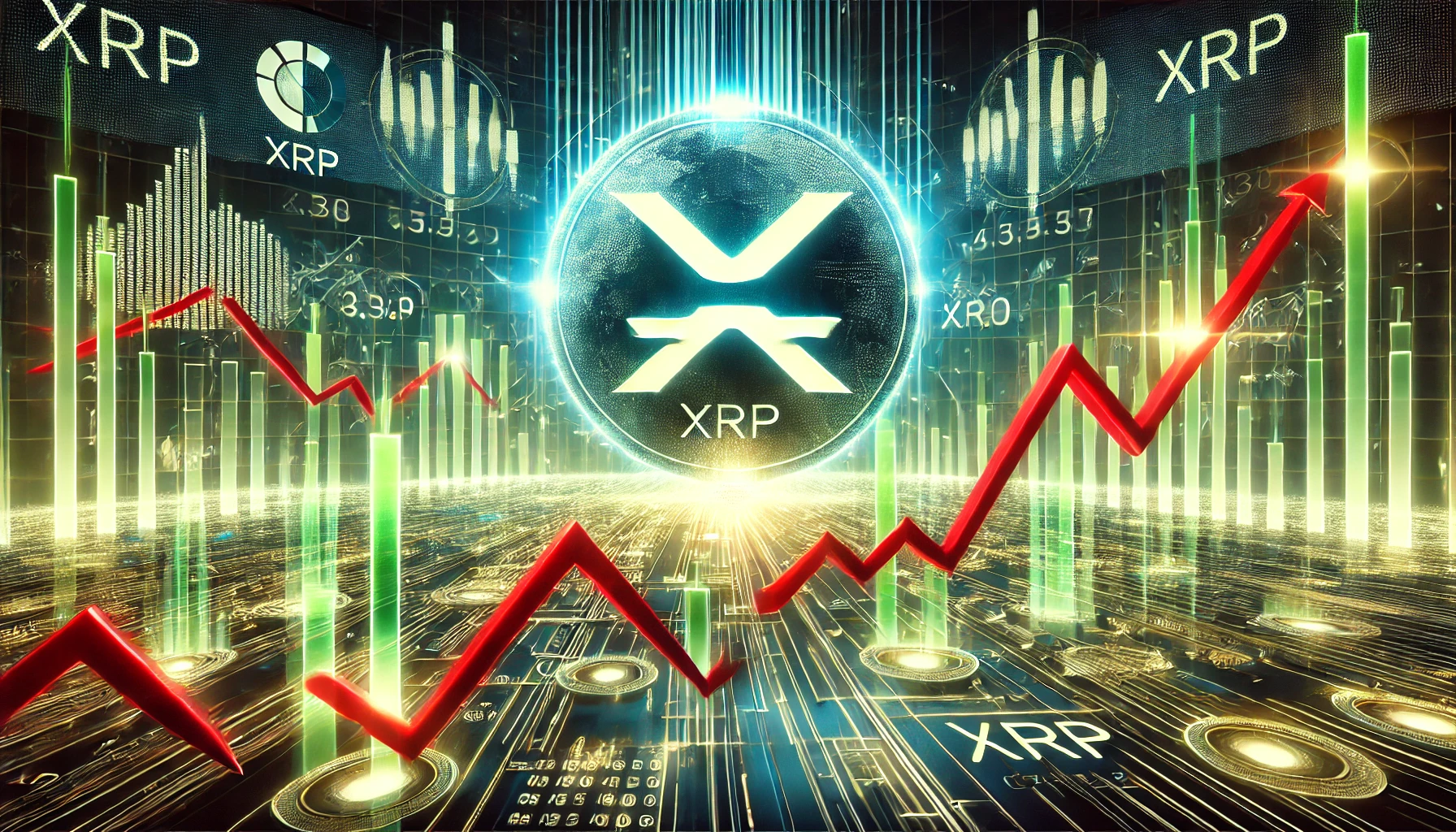 XRP cryptocurrency experiencing price volatility. The image features a futuristic financial chart with red downward trends a