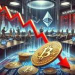 cryptocurrency market scene depicting Bitcoin and Ethereum experiencing a sharp decline. A futuristic digital trading floor with large red