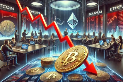 cryptocurrency market scene depicting Bitcoin and Ethereum experiencing a sharp decline. A futuristic digital trading floor with large red