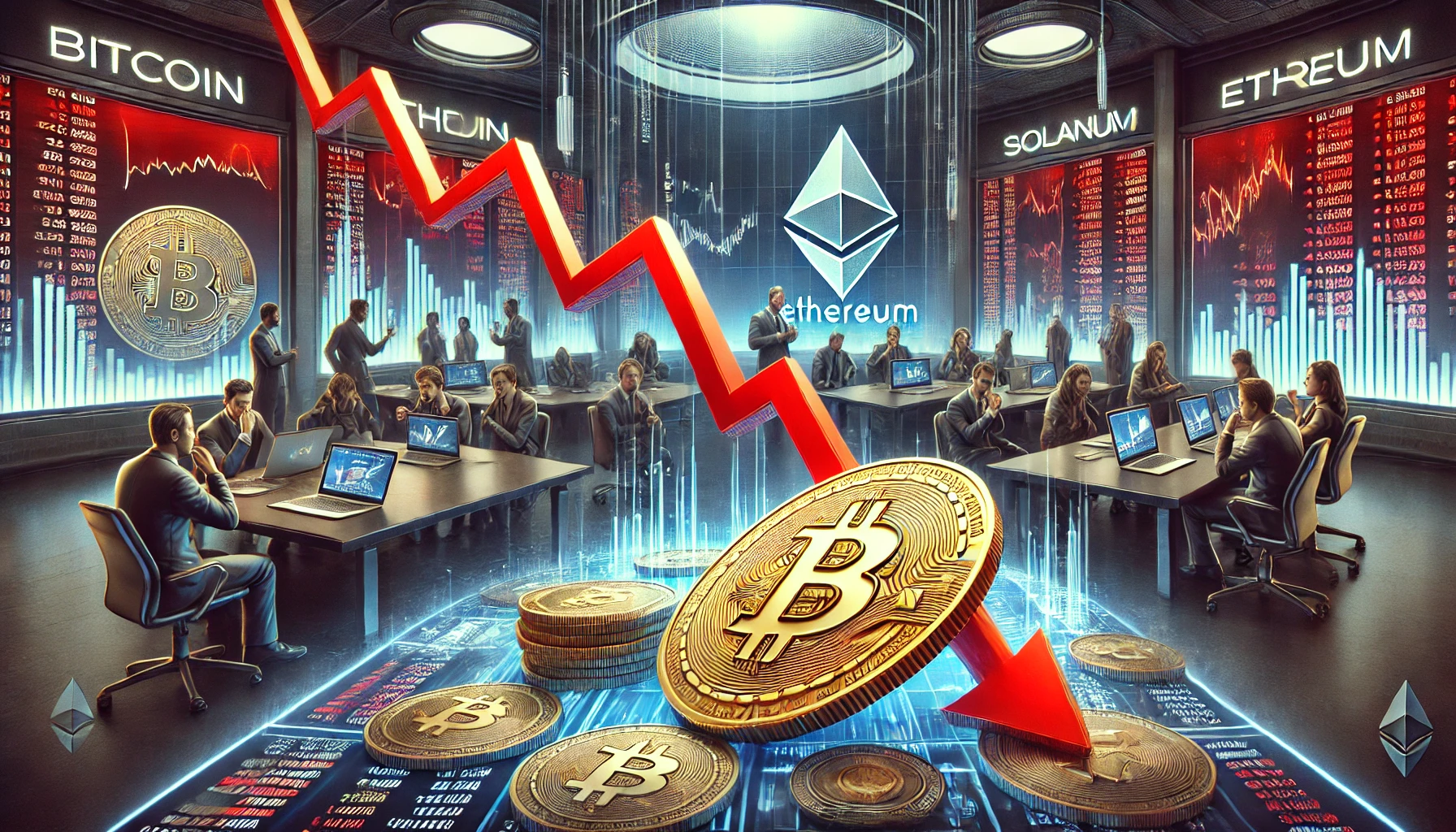 cryptocurrency market scene depicting Bitcoin and Ethereum experiencing a sharp decline. A futuristic digital trading floor with large red