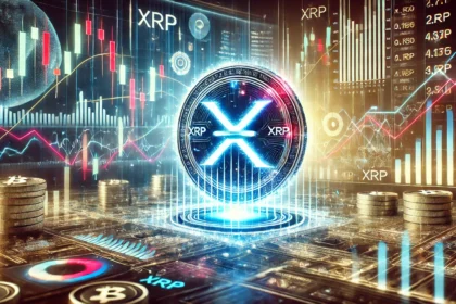 cryptocurrency market scene featuring XRP with dynamic trading charts bullish and bearish indicators and an intense market atmosphere.