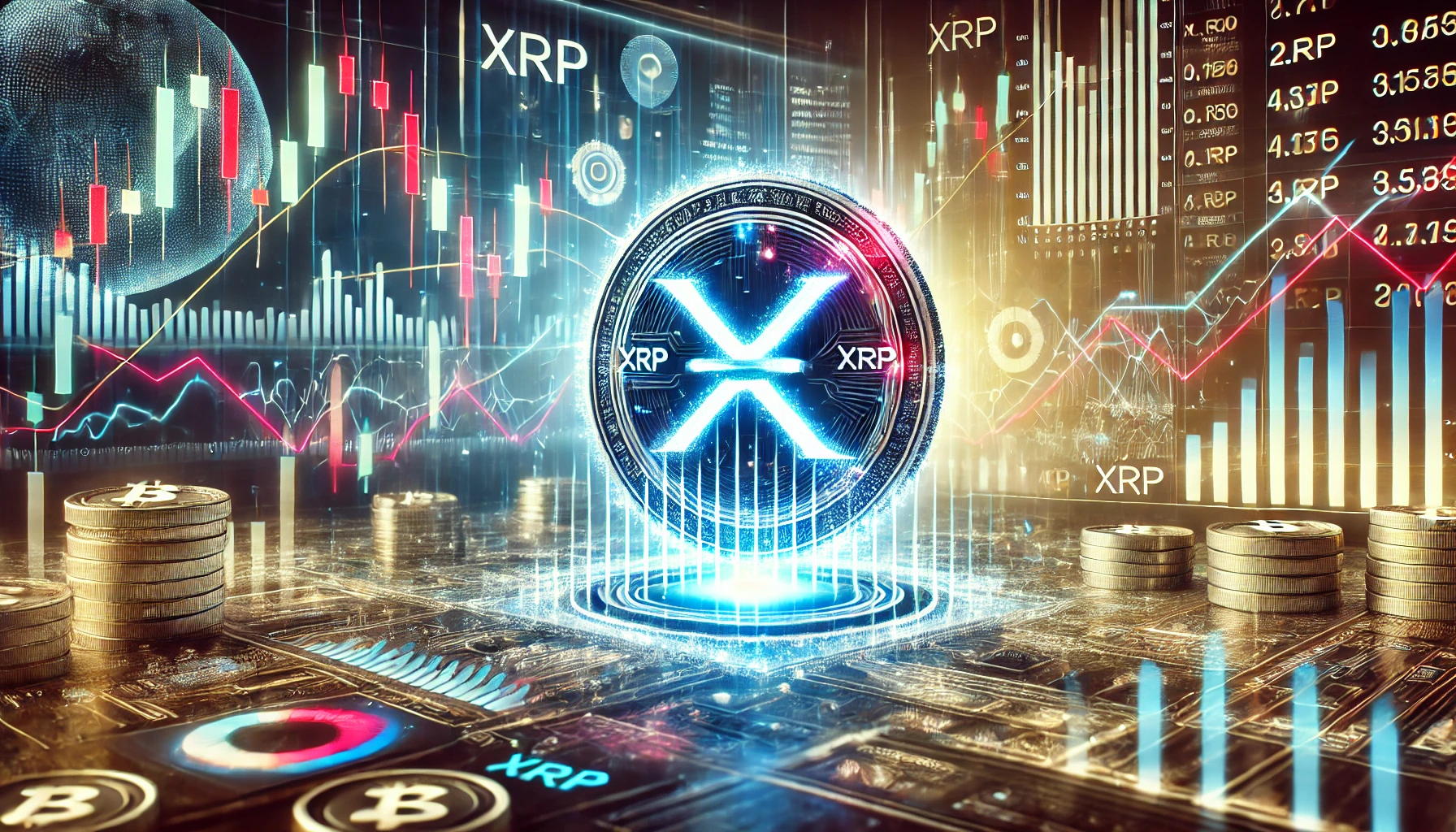 cryptocurrency market scene featuring XRP with dynamic trading charts bullish and bearish indicators and an intense market atmosphere.