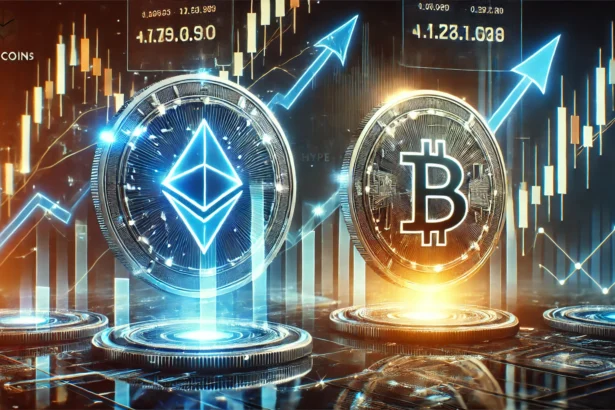 cryptocurrency market scene showcasing the rise of two altcoins Story and HYPE defying a market crash. The image features glowing digit