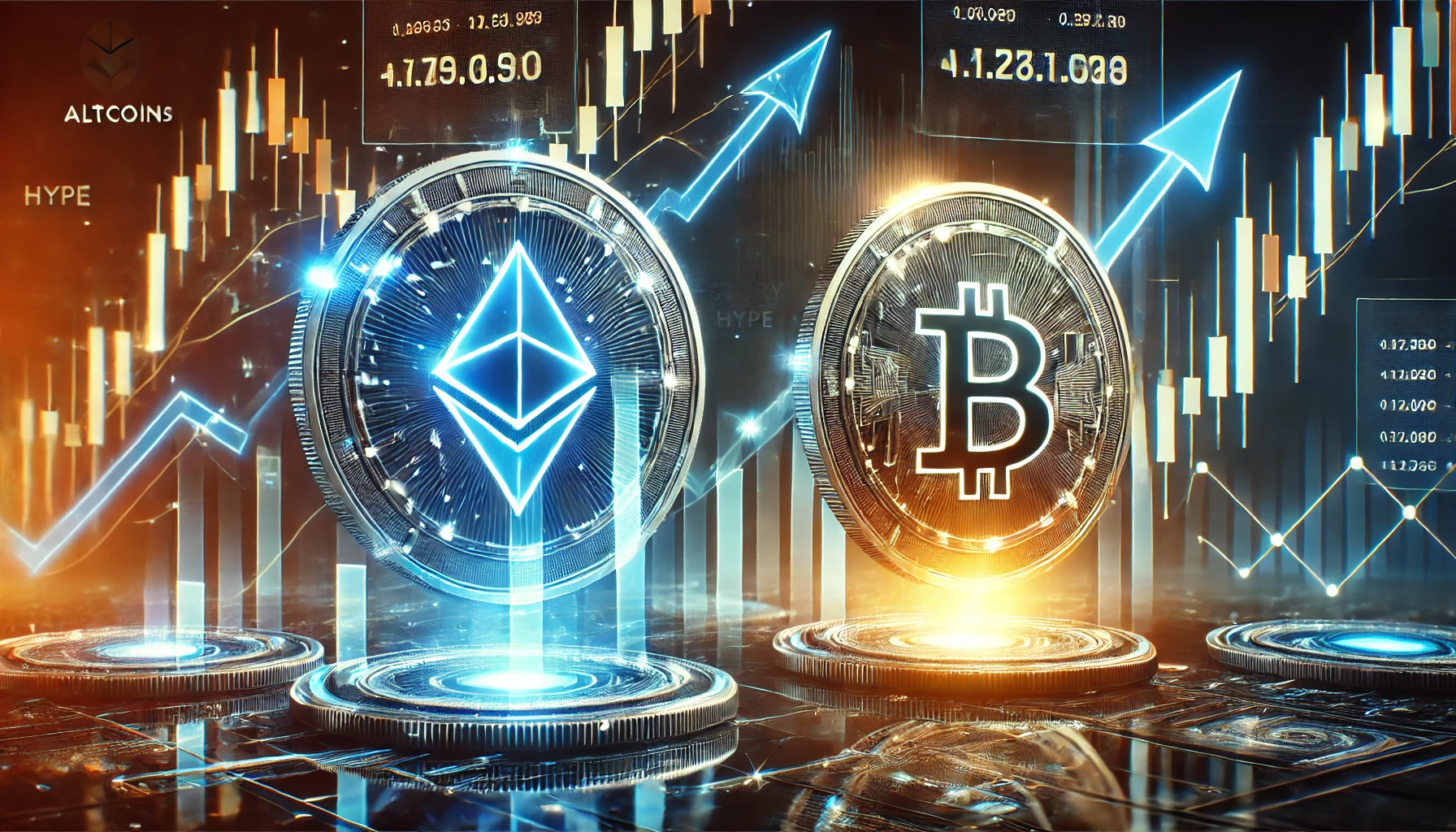 cryptocurrency market scene showcasing the rise of two altcoins Story and HYPE defying a market crash. The image features glowing digit