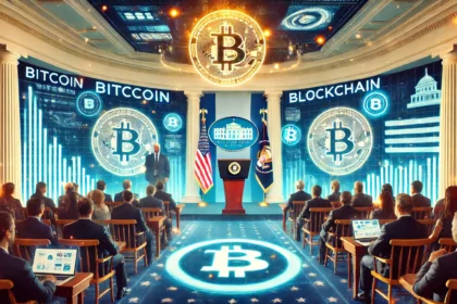 cryptocurrency scene at the White House. A futuristic press conference setup with large digital screens displaying Bitcoin