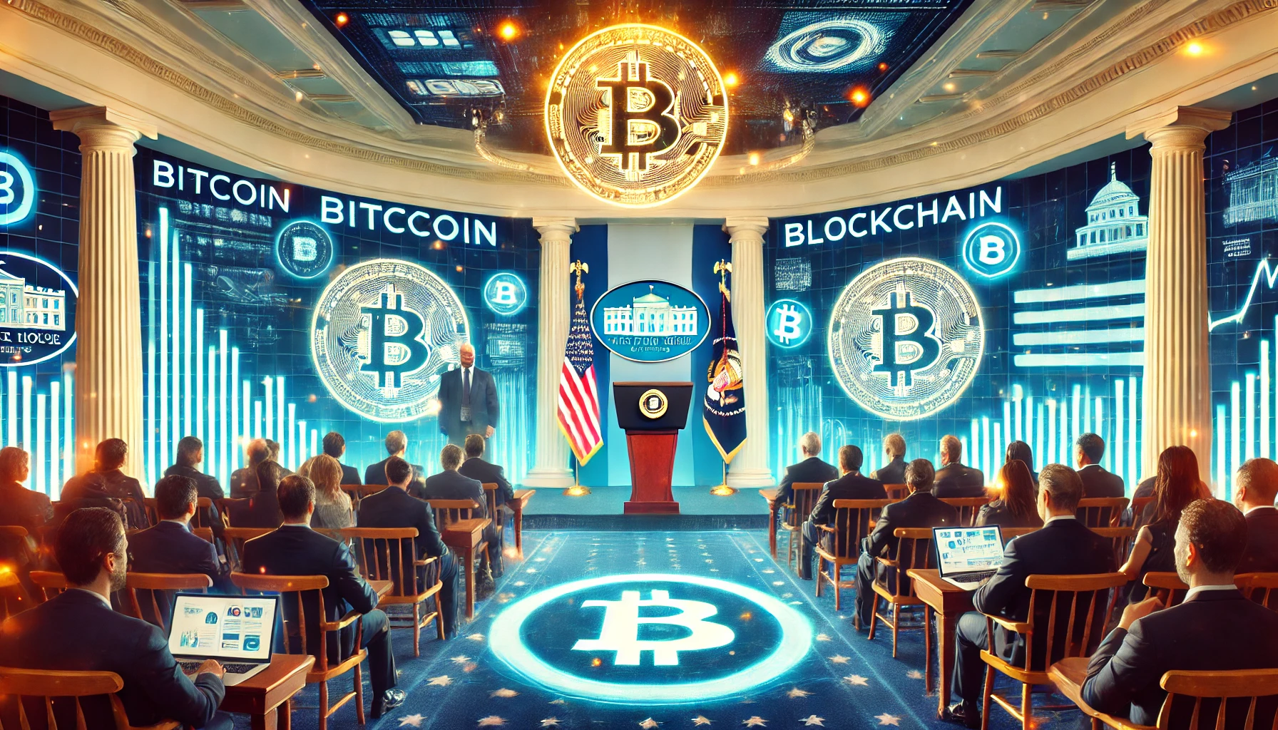 cryptocurrency scene at the White House. A futuristic press conference setup with large digital screens displaying Bitcoin