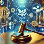 cryptocurrency symbols including Ethereum and Ripple floating in the air. The SEC emblem is su