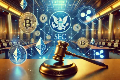 cryptocurrency symbols including Ethereum and Ripple floating in the air. The SEC emblem is su