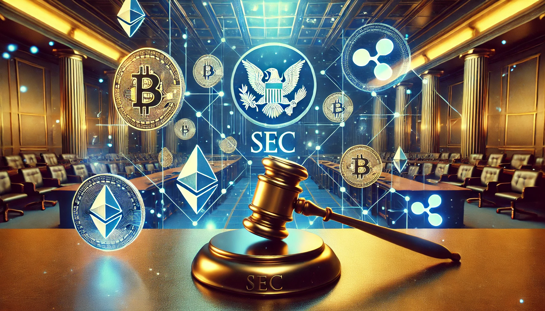 cryptocurrency symbols including Ethereum and Ripple floating in the air. The SEC emblem is su