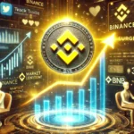 cryptocurrency trading scene highlighting Binance Coin BNB price surge. The image features a glowing BNB coin rising on a digital stock