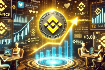 cryptocurrency trading scene highlighting Binance Coin BNB price surge. The image features a glowing BNB coin rising on a digital stock