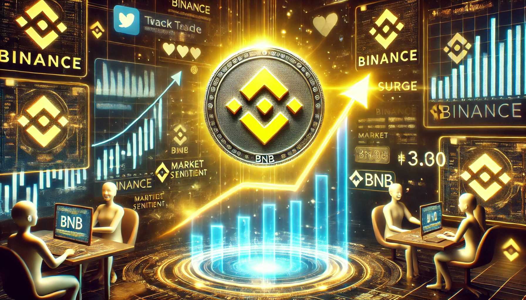 cryptocurrency trading scene highlighting Binance Coin BNB price surge. The image features a glowing BNB coin rising on a digital stock