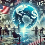 depicting the global impact of U.S. tariff policies. A futuristic digital trading floor with large screens