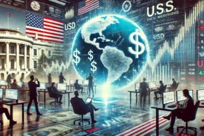 depicting the global impact of U.S. tariff policies. A futuristic digital trading floor with large screens