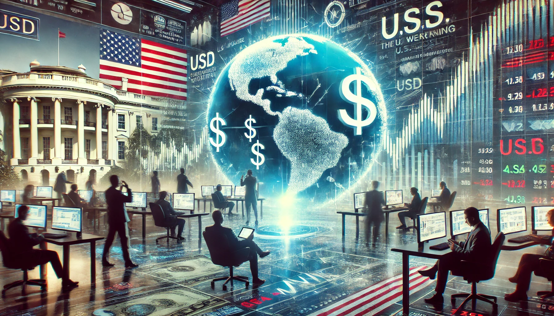 depicting the global impact of U.S. tariff policies. A futuristic digital trading floor with large screens