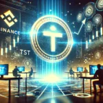 featuring the TST Token listing on Binance. The image showcases a glowing Binance logo a rising price chart indi