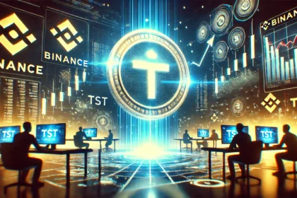 featuring the TST Token listing on Binance. The image showcases a glowing Binance logo a rising price chart indi