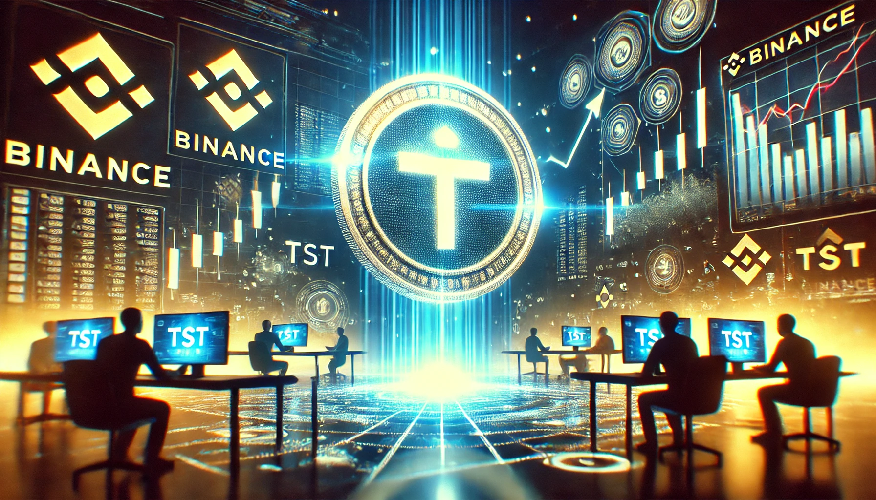 featuring the TST Token listing on Binance. The image showcases a glowing Binance logo a rising price chart indi