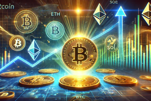 representing a potential altcoin rally in the crypto market. The image features a futuristic financial landscape with glowing B