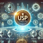 stablecoin ecosystem on Ethereum and Solana blockchains. The image features a glowing USP stablecoin logo at th