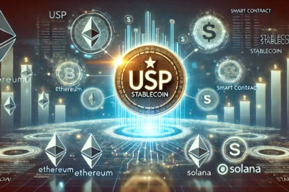 stablecoin ecosystem on Ethereum and Solana blockchains. The image features a glowing USP stablecoin logo at th