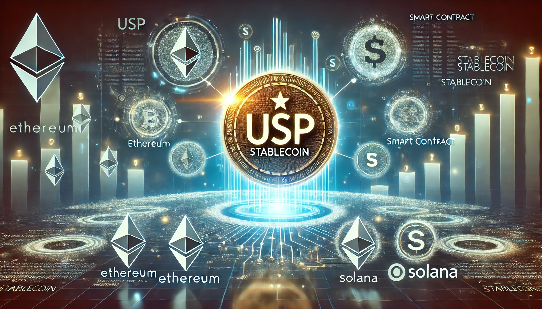 stablecoin ecosystem on Ethereum and Solana blockchains. The image features a glowing USP stablecoin logo at th