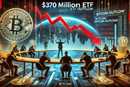 370 million Bitcoin ETF outflow showing Bitcoin price dropping on a futuristic financial chart. The scen