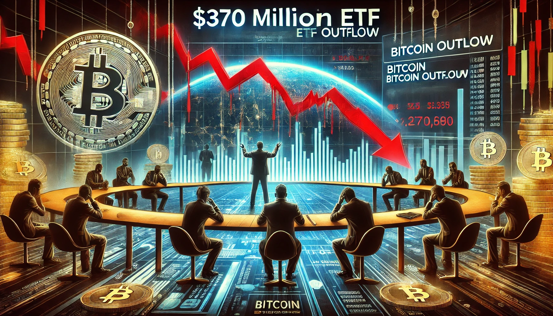 370 million Bitcoin ETF outflow showing Bitcoin price dropping on a futuristic financial chart. The scen