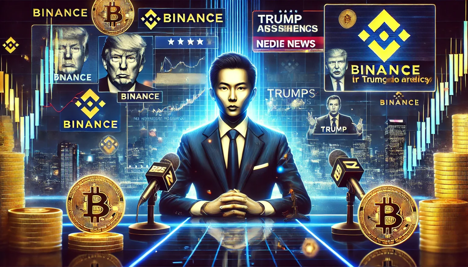 Binance founder Changpeng Zhao CZ responding to media allegations. The image features a futuristic financial news