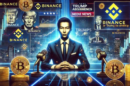 Binance founder Changpeng Zhao CZ responding to media allegations. The image features a futuristic financial news