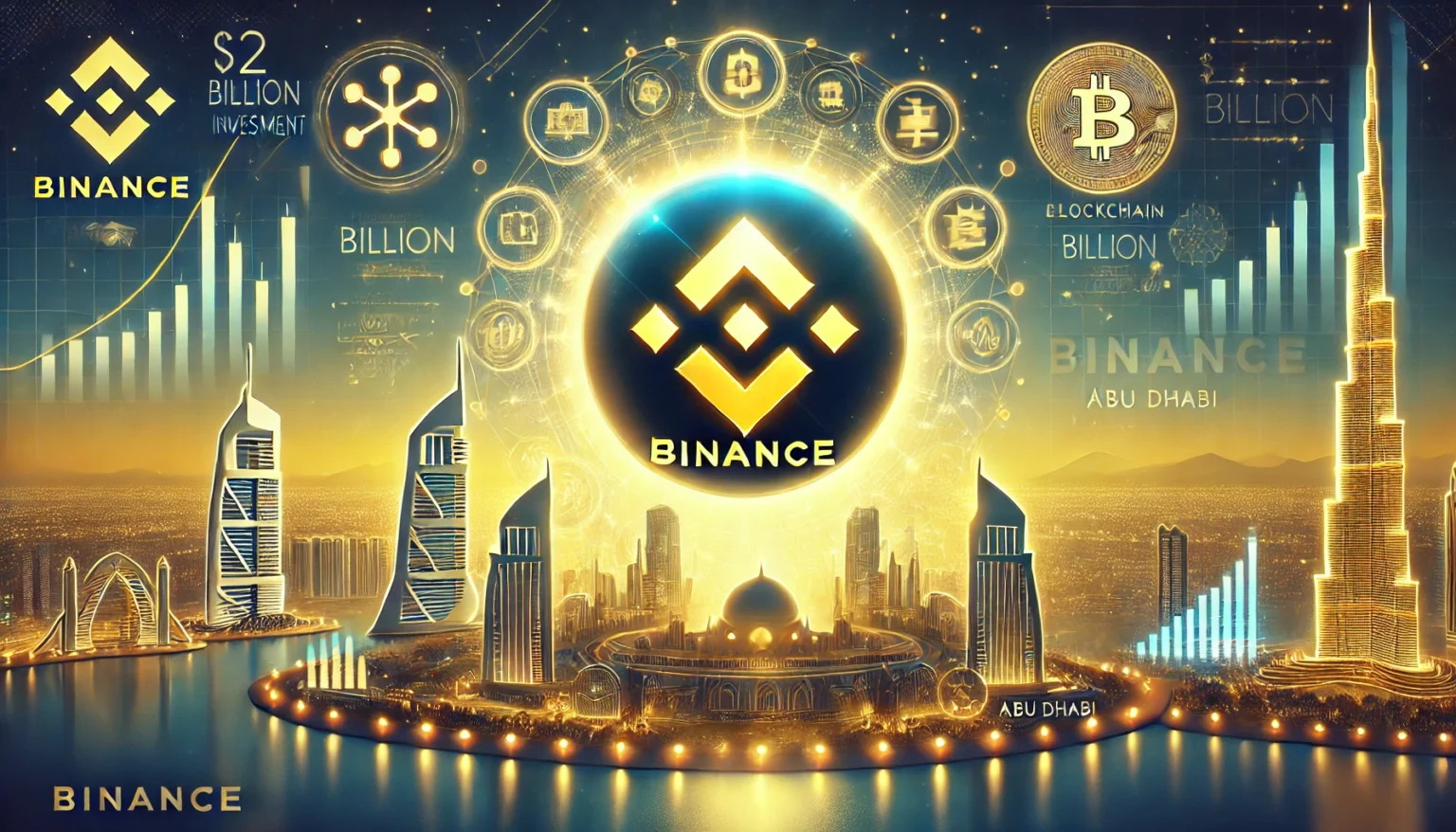 Binance is historic 2 billion investment from MGX. The image features a glowing Binance logo at the center with f