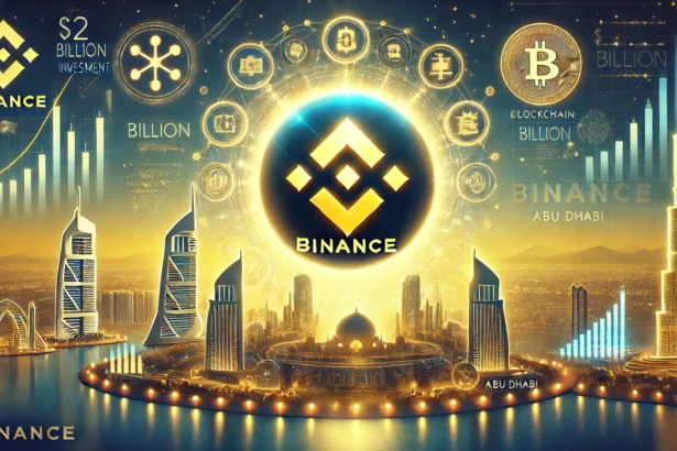 Binance is historic 2 billion investment from MGX. The image features a glowing Binance logo at the center with f