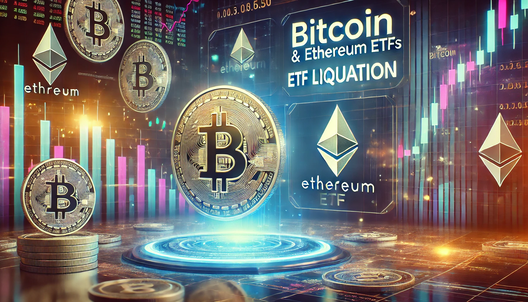 Bitcoin and Ethereum ETFs. A futuristic digital stock exchange board displays ETF liquidation data with downw