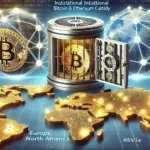 Bitcoin and Ethereum custody across three continents. The scene features a futuristic digital vault with g