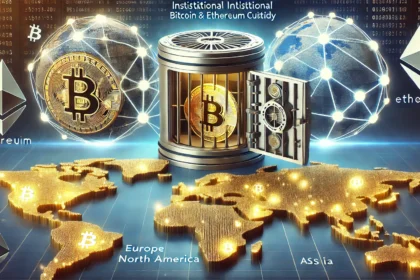 Bitcoin and Ethereum custody across three continents. The scene features a futuristic digital vault with g