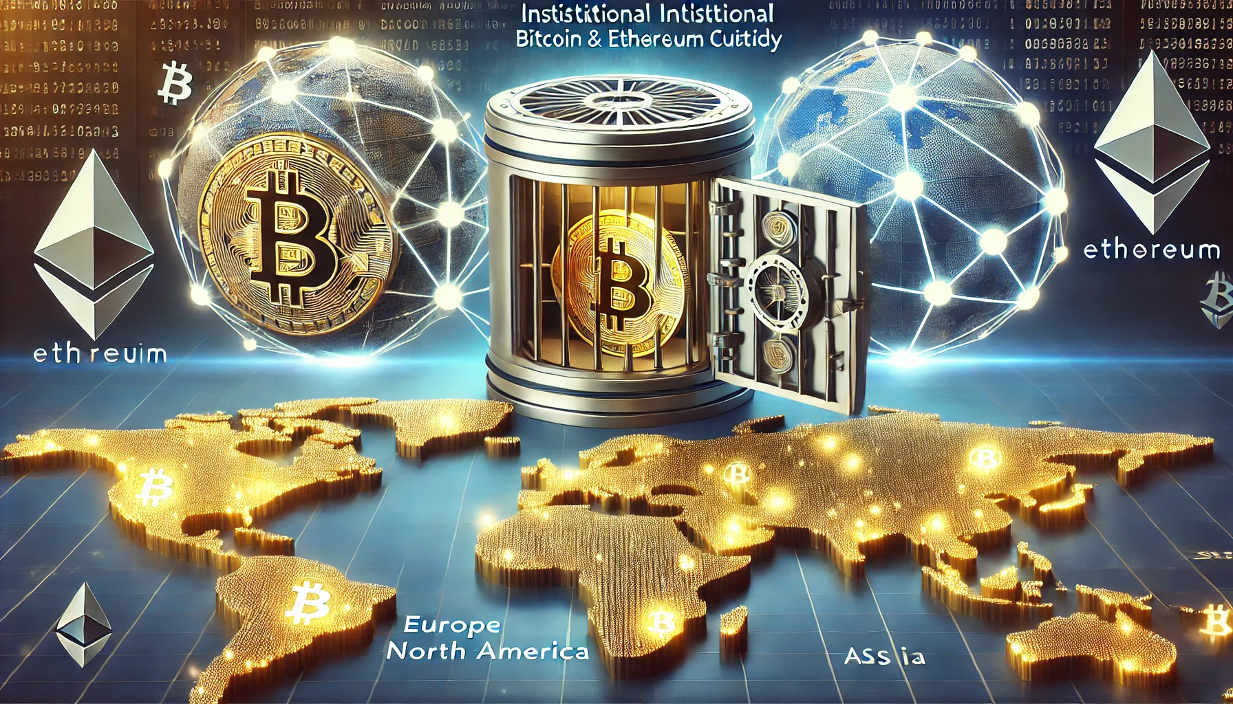 Bitcoin and Ethereum custody across three continents. The scene features a futuristic digital vault with g