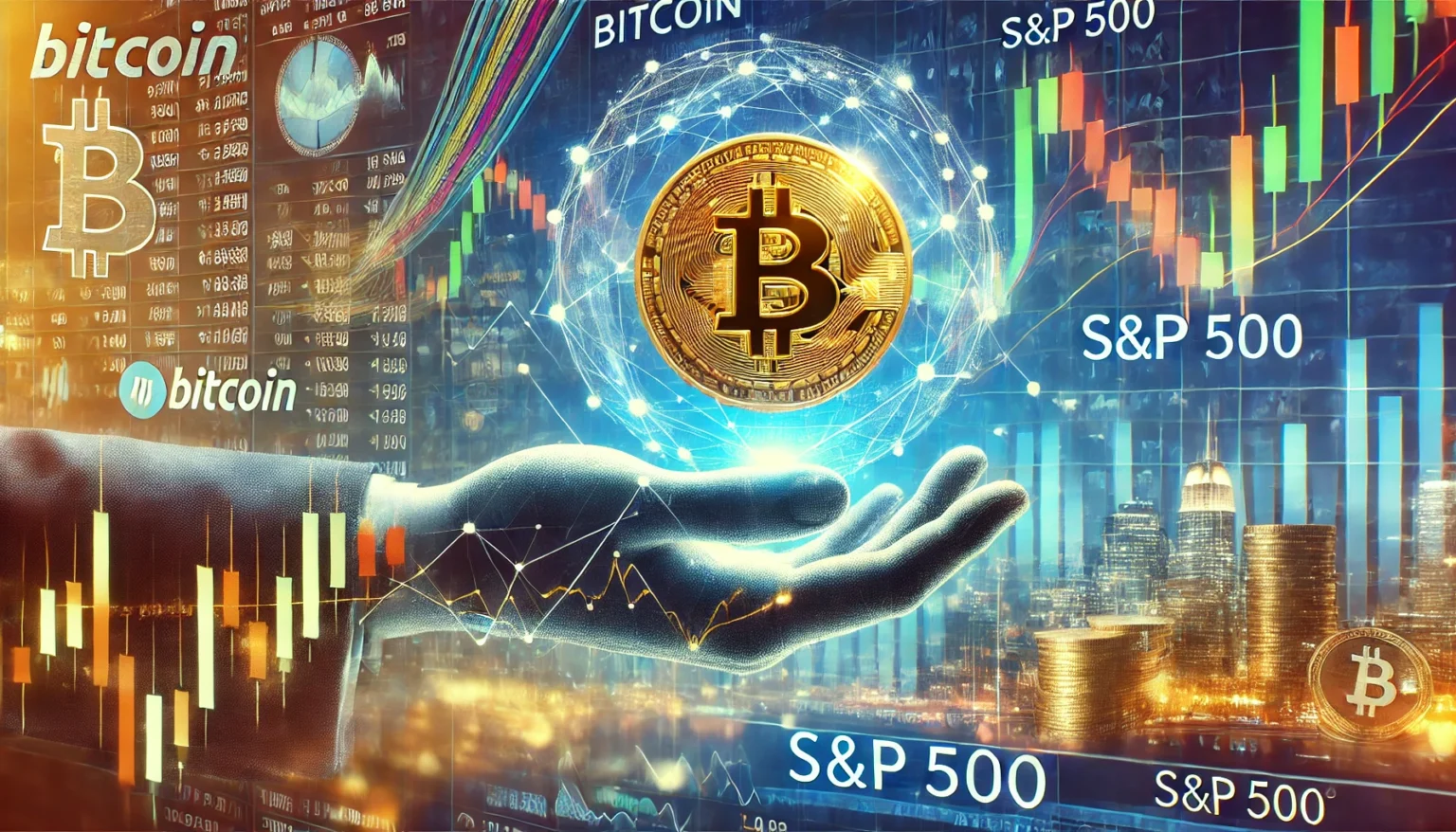 Bitcoin and the SP 500. The image features a split screen design with Bitcoin on one side an