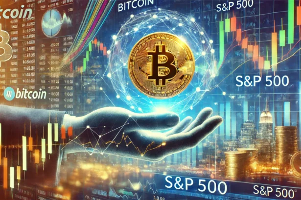 Bitcoin and the SP 500. The image features a split screen design with Bitcoin on one side an