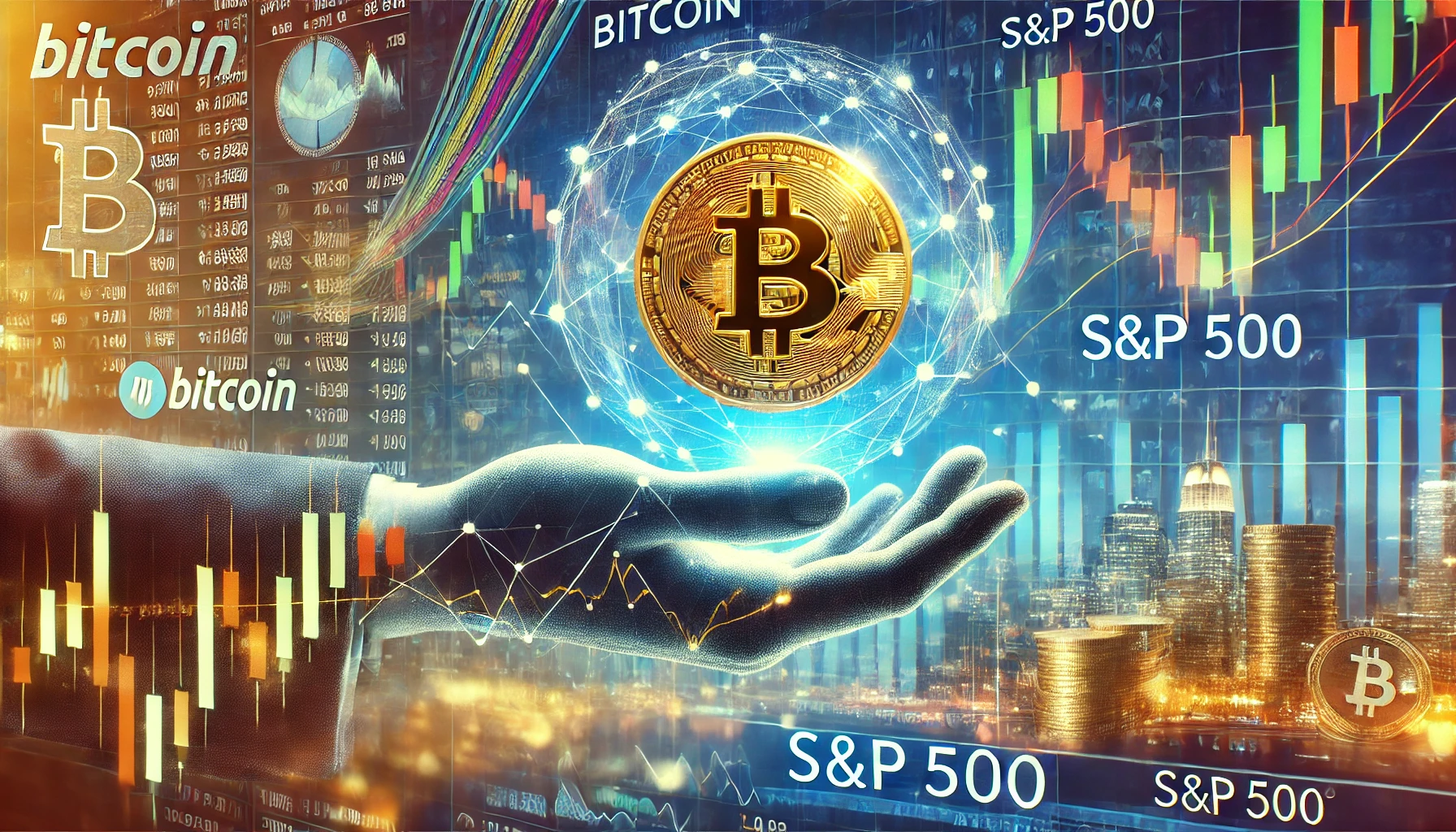 Bitcoin and the SP 500. The image features a split screen design with Bitcoin on one side an