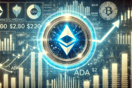 Cardano ADA price prediction featuring a glowing ADA coin with financial charts and technical analysis indic