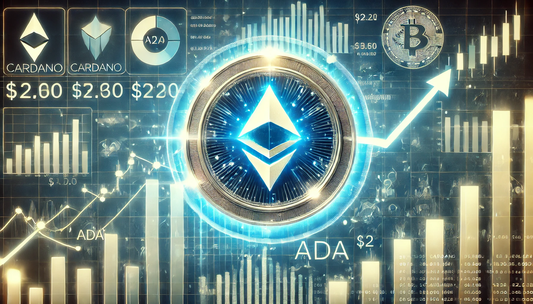 Cardano ADA price prediction featuring a glowing ADA coin with financial charts and technical analysis indic